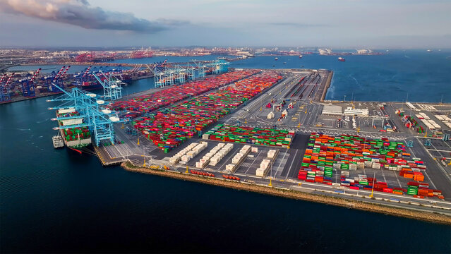 Los Angeles, United States - March 2025: Aerial View of Long Island port harbor, in Los Angeles, USA.