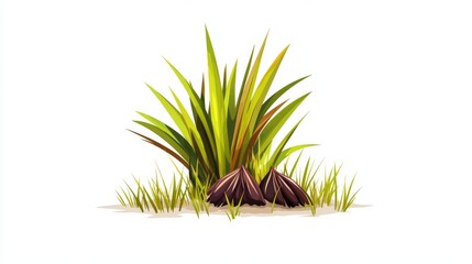Vibrant green grass and plants with brown soil elements in a minimalist design
