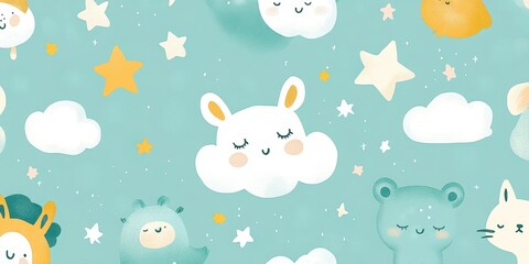 Dreamy sky scene! A playful bunny floats among stars, clouds, and friendly animal companions. Whimsical and charming illustration