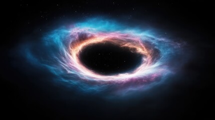 Naklejka premium A swirling black hole with vibrant colorful accretion disk in deep space, cosmic phenomenon with glowing plasma, and ethereal and mysterious composition.