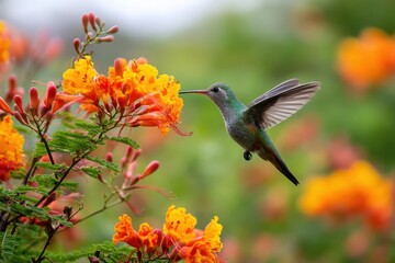 A close-up of the rare parrot's beak flower with bright orange and yellow blossoms. A hummingbird hovers in the air while drinking nectar