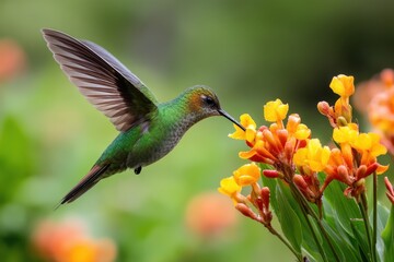 Fototapeta premium A close-up of the rare parrot's beak flower with bright orange and yellow blossoms. A hummingbird hovers in the air while drinking nectar