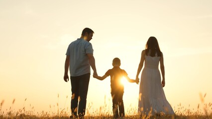 Family holding hands in field at sunset. Father dad kid boy child mother mom on golden rays sun go...