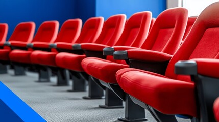 Naklejka premium Red theater seats arranged in a row against a blue wall backdrop