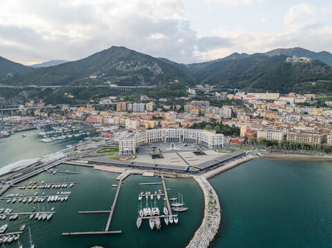 Aerial view of boats anchored at the port in Salerno near Piazza della Liberta, Campania, Italy.