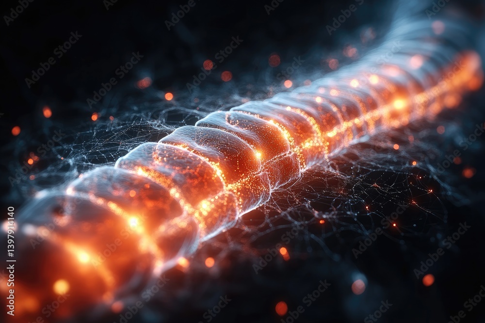 Wall mural glowing cord with bright nodes surrounded by delicate web-like structures. intense energy