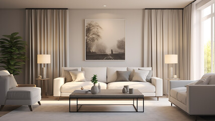 A modern minimalist living room featuring a grey sectional, sleek coffee table, and abstract wall art, creating a chic and uncluttered space for relaxation.

