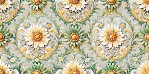 Ornate floral wallpaper design featuring white and green flowers on a soft background.