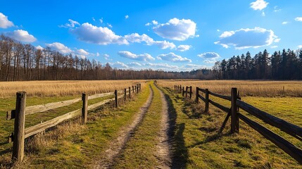 Obraz premium Rural dirt road, wooden fence, sunny field, forest backdrop, travel