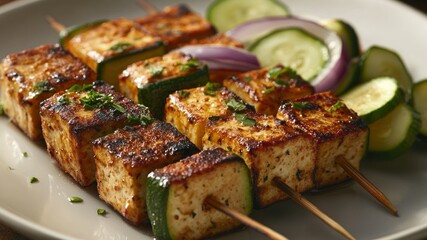 Grilled tofu skewers with fresh vegetables. Plant based BBQ appetizer. 
