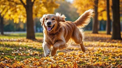 Golden Retriever Jumping to Catch a Ball in a Colorful Autumn Park. Concept of playful dog.