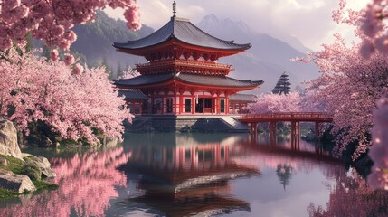 Obraz premium Majestic Japanese Temple Reflected in Calm Waters Surrounded by Cherry Blossoms