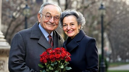 An elderly couple smiles happily while holding a bouquet of red roses in a beautiful city park surrounded by trees - Powered by Adobe
