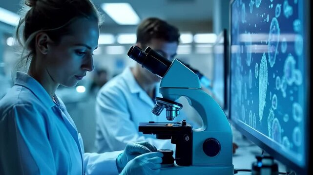A scientist examines a specimen under a microscope while viewing data on a screen in a modern laboratory setting.  
