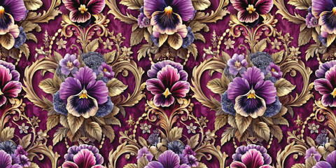 Elegant floral pattern with vibrant purple pansies on a rich burgundy background.