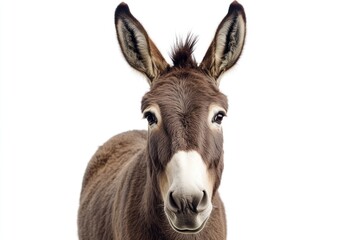 Fototapeta premium Brown donkey portrait, farm animal, white background, cute face, stock photo