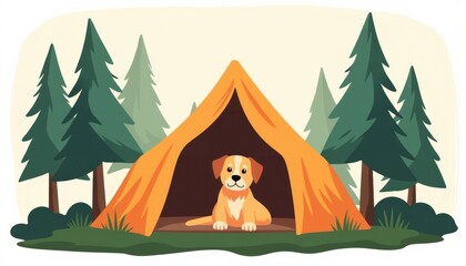 Naklejka premium Playful dog relaxing inside a tent in a forest, outdoor adventure