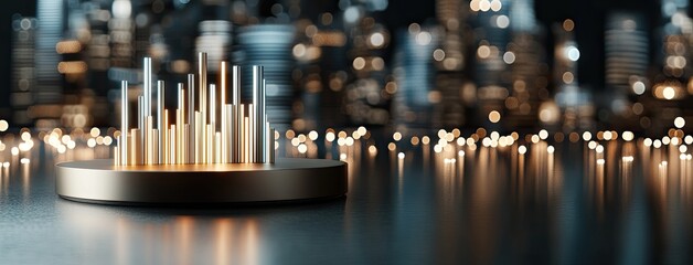 Glowing bar graph rising on a circular podium platform in a dark blue environment depicting business growth and financial data