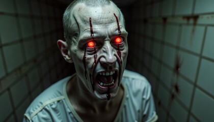 Distressed Bloody Man with Red Eyes against Tiled Wall