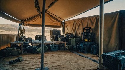 Empty army tent interior with equipment and supplies.