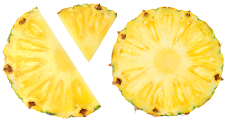Pineapple isolated png. Pineapple slice on transparent background. Cut pineapple no background top view. Round pineapple slice and piece transparent png. Full depth of field.