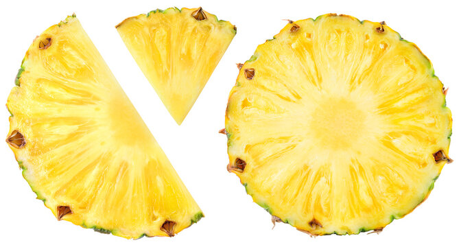 Pineapple isolated png. Pineapple slice on transparent background. Cut pineapple no background top view. Round pineapple slice and piece transparent png. Full depth of field.