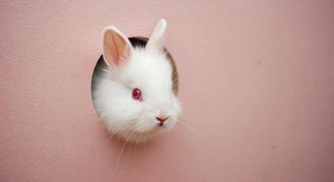 Ador&aacute;vel coelho branco espiando por um buraco redondo em um fundo de parede rosa