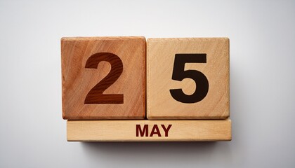 Minimalist photo of wooden blocks with date 25 May. Day and month, calendar on white background