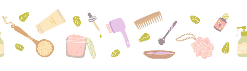 Skincare products seamless border. Repeated background. Vector beauty clip art.