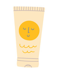 Sunscreen SPF beauty product. Smiling sun face. Vector flat cartoon cute clip art isolated on transparent background.
