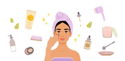 Woman with towel on head making face care procedures. Morning routine. Vector illustration.