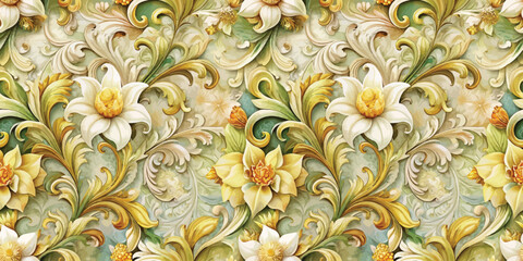 Elegant floral pattern with intricate details and soft pastel colors.