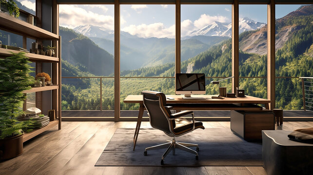 An office nestled in the mountains with expansive furniture and stunning views, perfect for a virtual office Google meeting background, combining modern design with nature.


