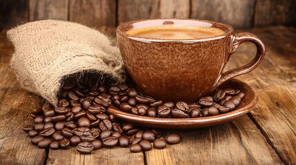 A steaming cup of coffee, surrounded by roasted coffee beans and burlap, on a rustic wooden table.