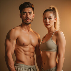 Fit couple posing confidently in athletic wear, showcasing toned physiques and strength. Their expressions reflect determination and focus