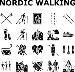 nordic walking exercise outdoor icons set vector