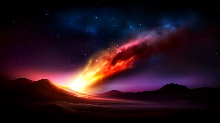 Fiery Comet Streaking Across Desert Night Sky.