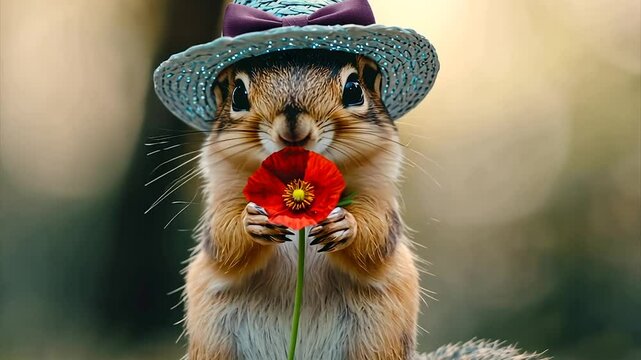 Adorable chipmunk in a hat, holding a poppy