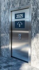 A shiny metal elevator door in a modern building hallway
