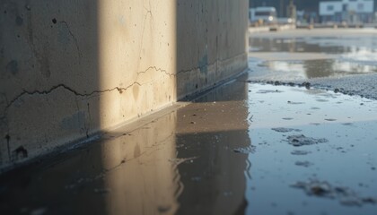 Water accumulation on urban concrete surface construction site photography industrial environment close-up view reflective surface analysis for urban infrastructure