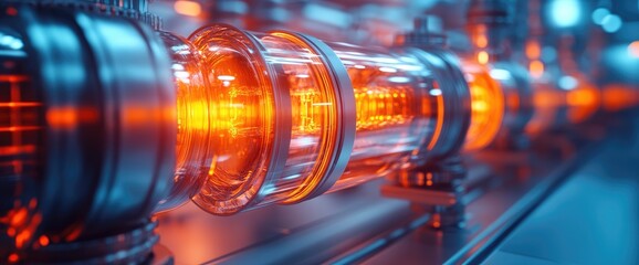 Close-up of machinery with glowing orange light through the glass, blue lighting background
