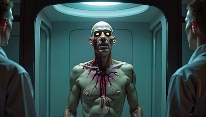 Bloody muscular man menacingly standing with glowing eyes in futuristic metallic chamber