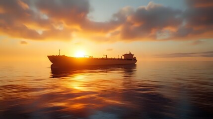 An image of a colossal oil tanker gliding through calm ocean waters at dawn, its reflective hull catching the warm light as it carries its enormous energy cargo across the sea