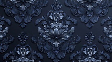 Elegant Dark Blue Damask Pattern Seamless Texture Luxury Floral Background Vintage 3D Embossed Design Royal Style Ornate Wallpaper Decorative Rich    