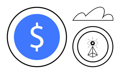 Dollar sign inside blue circle coin, stylized eye atop a triangle pyramid, and a simple cloud outline. Ideal for finance, vision, surveillance, technology, creativity, future minimal flat simple