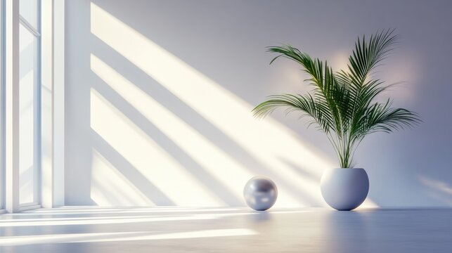 3d rendering of a plant in a vase on a table in front of, soft neon atmosphere