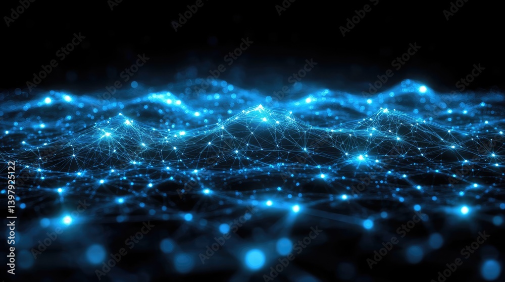 Wall mural abstract blue network of connected glowing dots forms digital web on a dark background