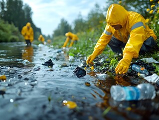 volunteers cleaning up a river together