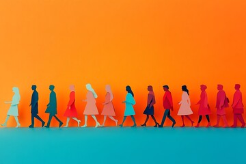 Diverse People Walking Forward Teal Background Illustration