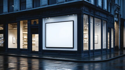 An Illuminated Corner Shop Exterior On A Wet Reflective Street